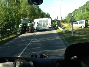 Near collison between Motorhome and striking farmer on tractor